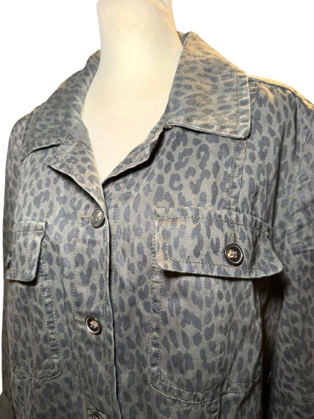 Loft Leopard Print Utility Field Jacket, Grey Peplum Cotton Linen, Plus Size 18